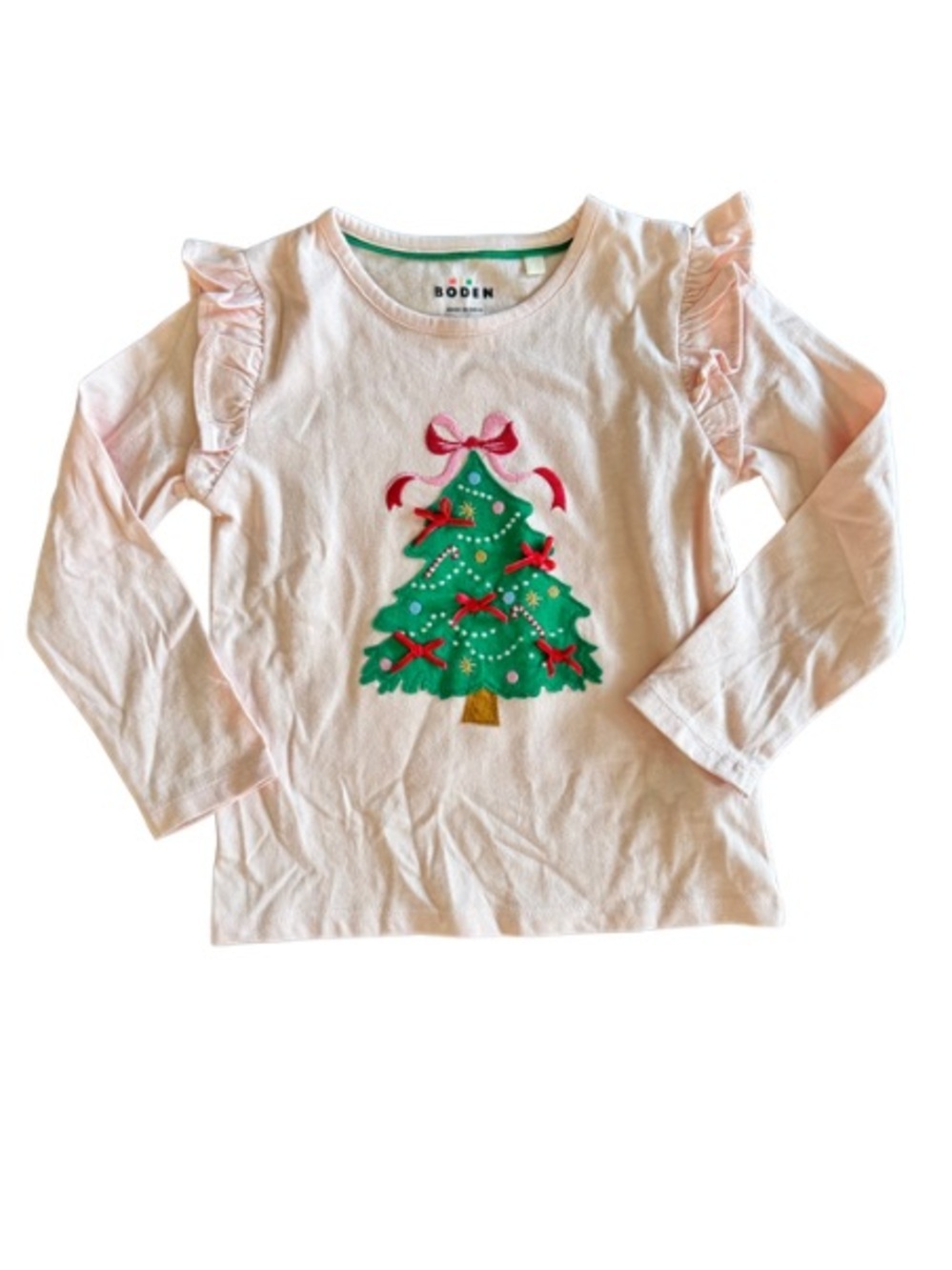 🎄✨ Mini Boden Christmas Tree Appliqué Shirt 4-5Y Blush Pink